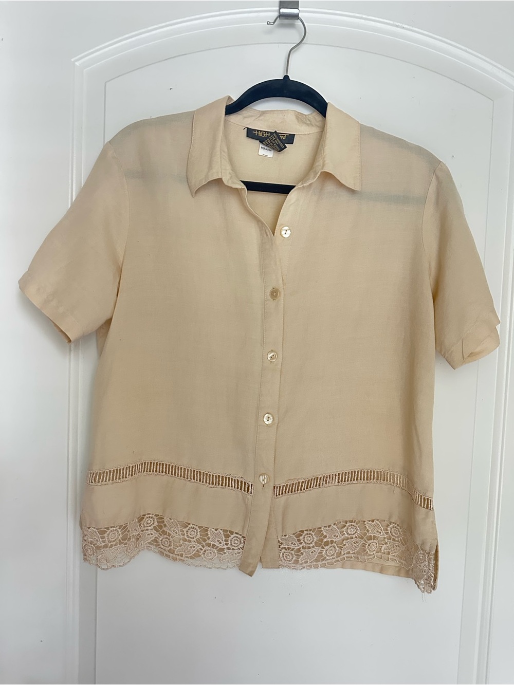 Cream Short-Sleeve Button Front Blouse with Lace Trim